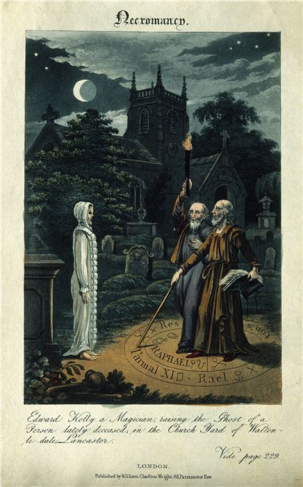 Edward Kelley: he conjures up a ghost in a graveyard. Colored aquatint. Wellcome Collection. 